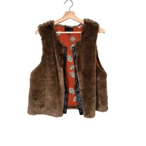 Cynthia‎ Rowley Brown Faux Fur Vest with Orange Print Lining Size L Mobwife fall